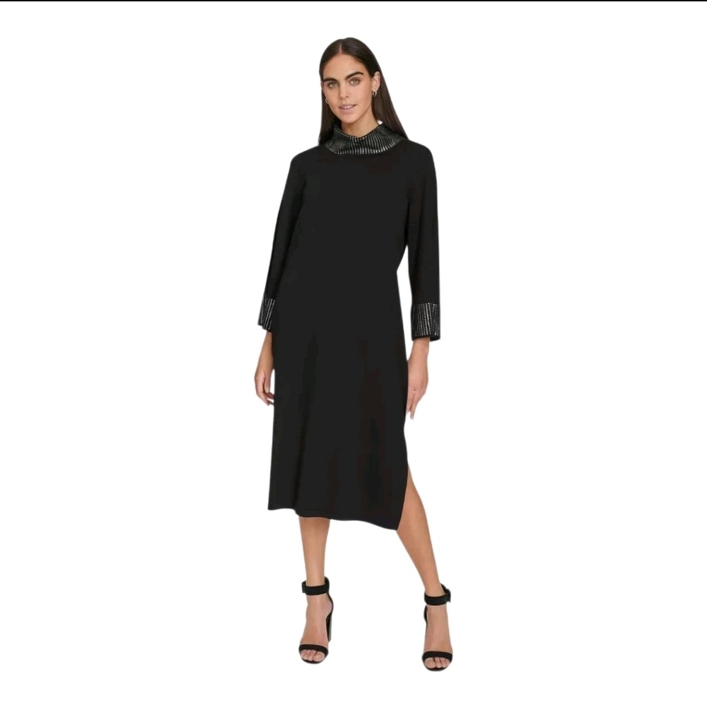 Calvin Klein Black Midi Dress with Beaded Collar and Cuff Accents